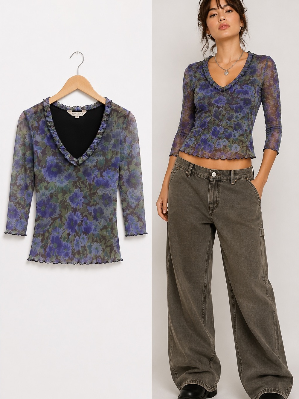 UNIFORM Made In USA Y2K Floral Mesh Top Fairycore Sheer 3/4 Sleeve M